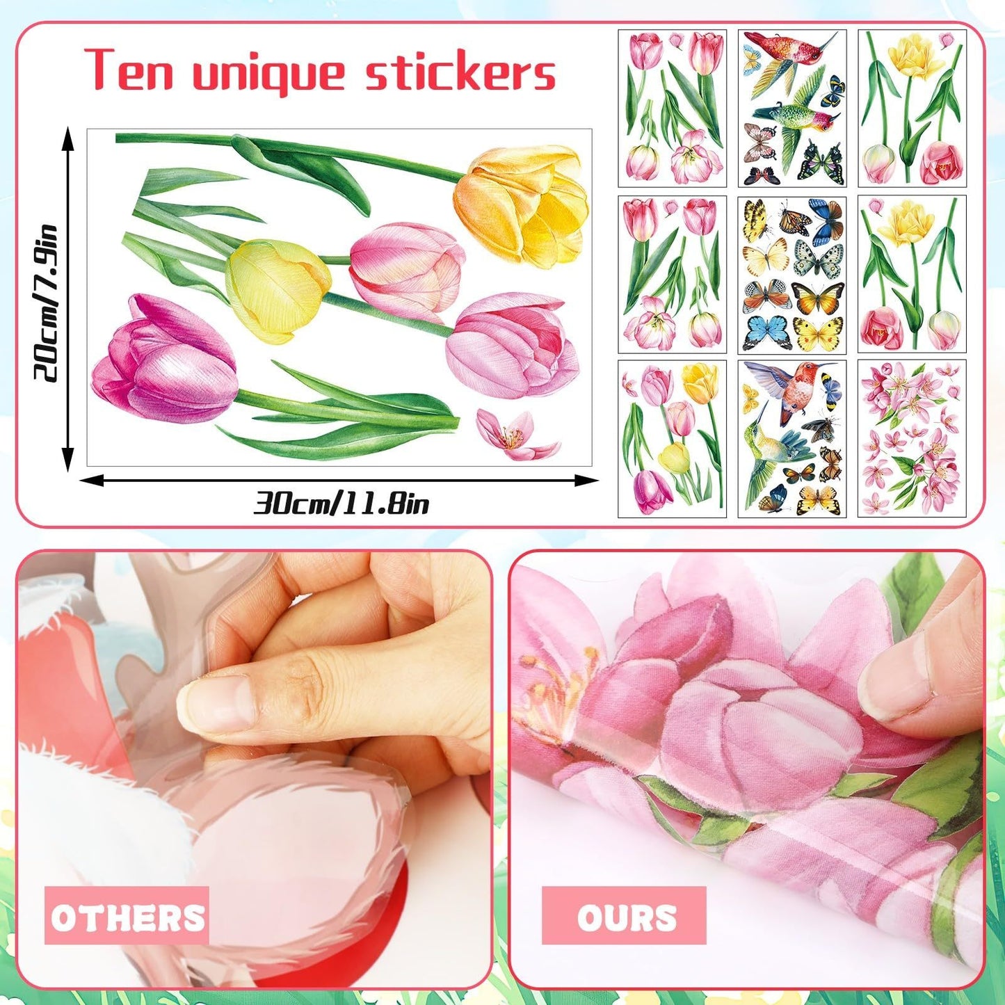 Window Stickers Spring Self-Adhesive 9 Sheets Spring Flowers Butterfly Window Stickers Double Sided Window Stickers Spring Hummingbird Window Stickers For Window Decoration Spring,415-10032-KG