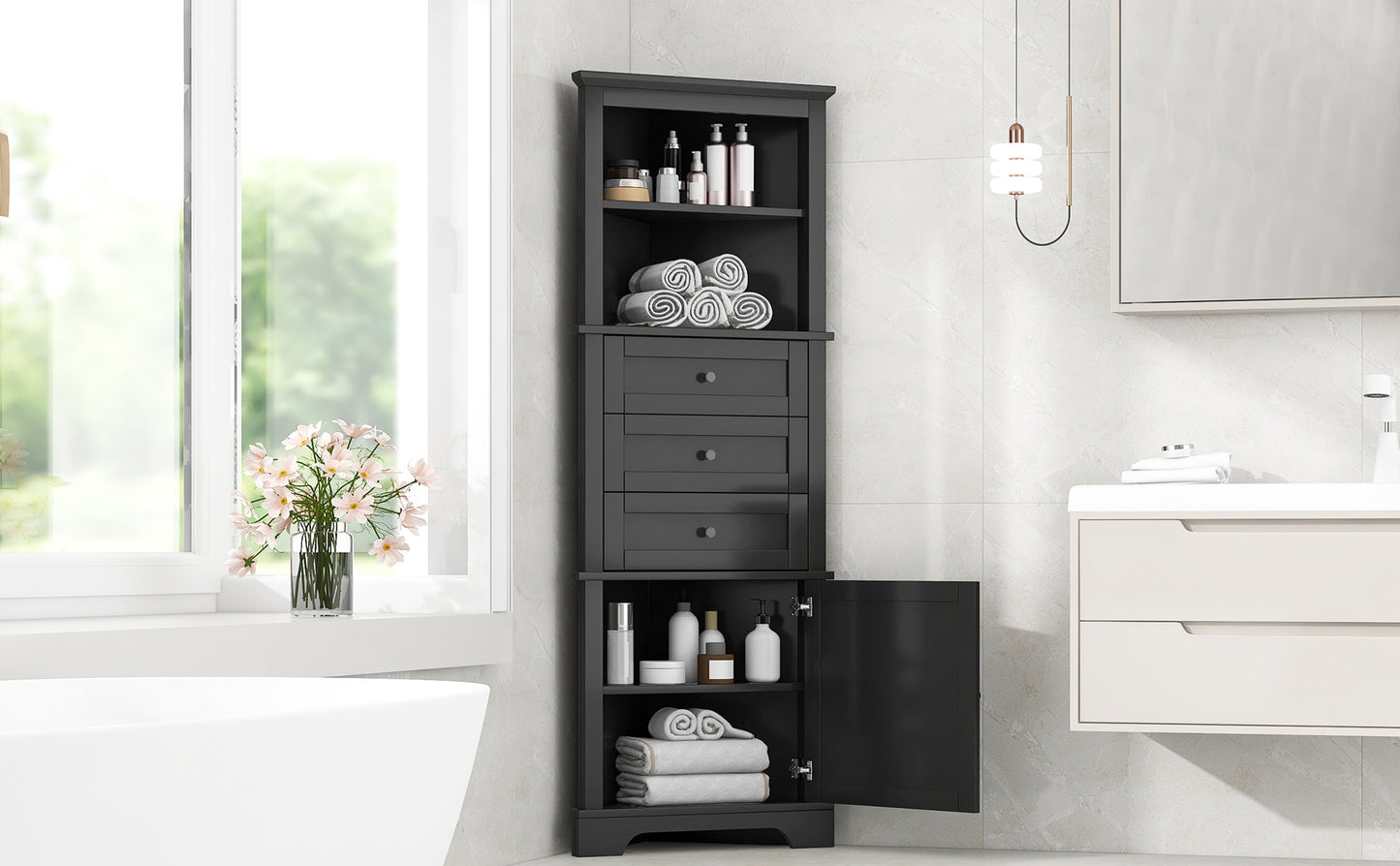 Black Triangular High Cabinet With 3 Drawers And Adjustable Shelves, Suitable For Bathroom, Kitchen Or Living Room, Prohibited Platform Temu