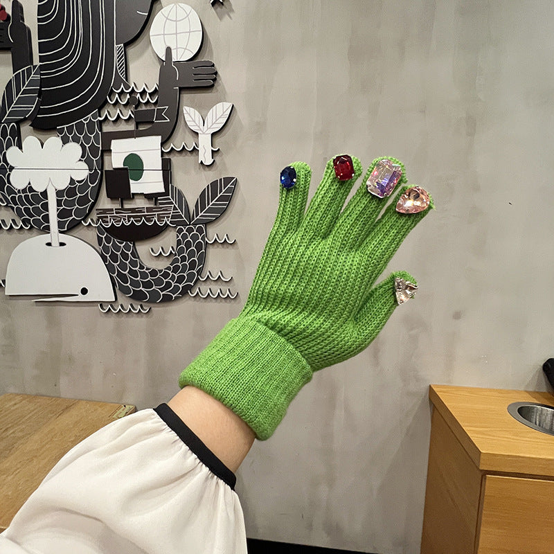 Rhinestone Touch Screen Open Finger Finger Knitted Gloves