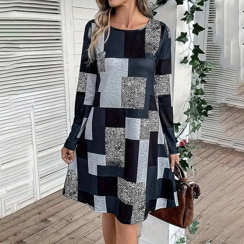Women's Round Neck Long Sleeve Dress - Digital Print Casual Elegant Spring & Fall Dress