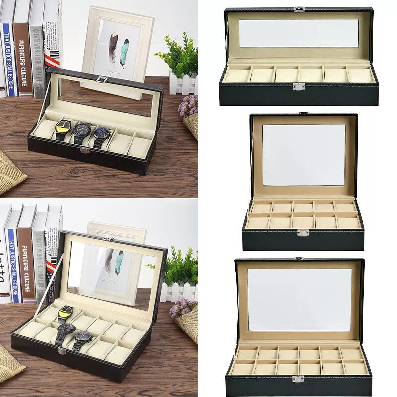 Watch Display Grid Box Lockable Case Faux Leather Jewellry Storage Organiser