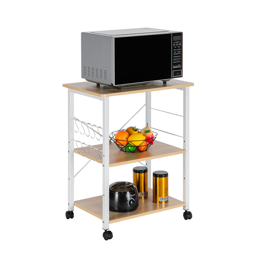 3-tier With 10 Hooks, 4 Wheels, X-reinforcement On The Back, Microwave Rack