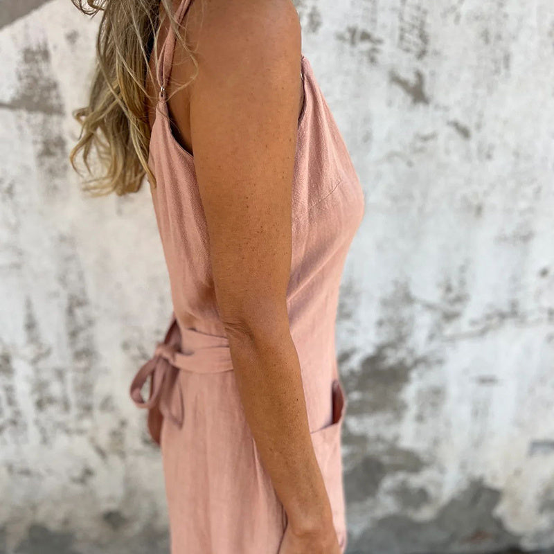 Women's Solid V-Neck Jumpsuit Shorts - Button Front Sleeveless Romper With Drawstring Waist & Pockets Summer Casual Outfit