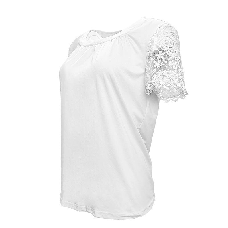 Womens Lace Short Sleeve Crew Neck T Shirts Summer Casual Tops Loose Fit Tees Blouses