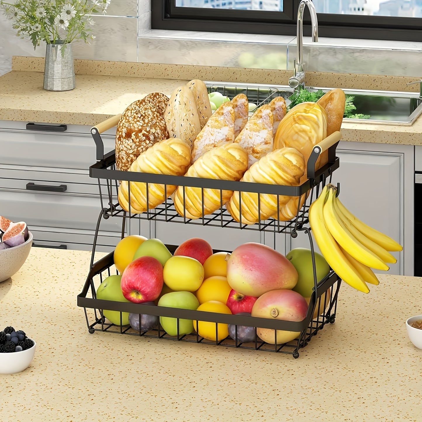 1pc 3-Layer Fruit Basket For Kitchen With 2 Banana Hooks, Suitable For Kitchen, Bread Vegetable Fruit Organizer With Wooden Handle, Large Capacity Rectangular Storage Rack, Black, Suitable For Restaur
