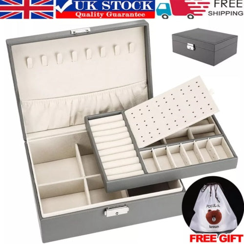 2 Layer Grey Jewellery Box Organizer Rings Necklaces Jewellry Storage Case Box