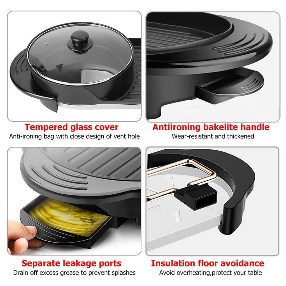 Electric 2 In 1 Hot Pot Hotpot BBQ Grill Oven Smokeless Barbecue Pan Machine