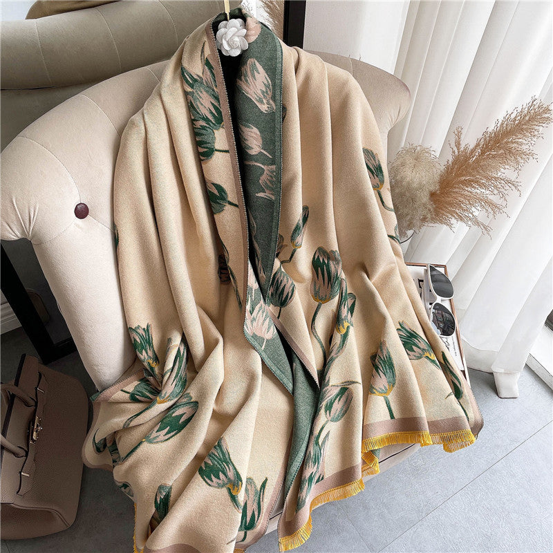 Ladies Fashion Print Warm Dual Use Double Sided Scarf