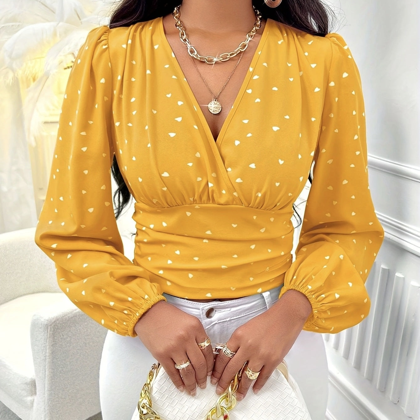 Ladies' Fashionable And Elegant Solid Color Polka Dot Long Sleeved Shirt Top