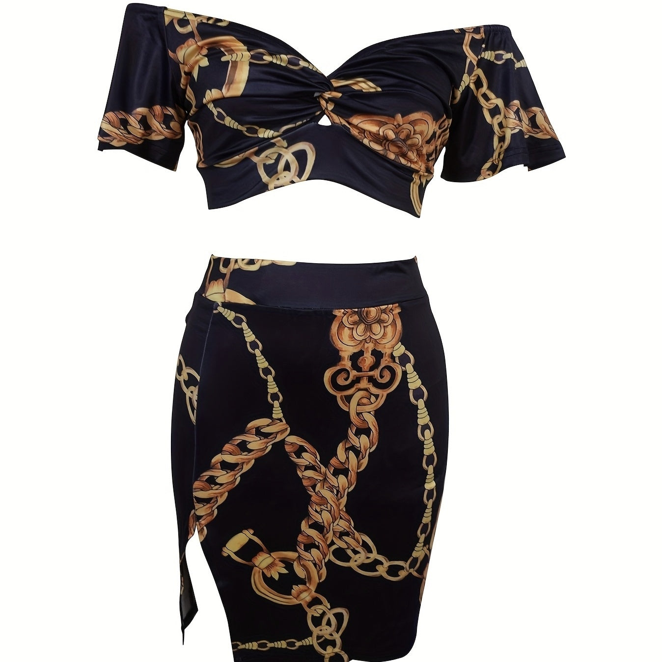 Women's Chain Low Neck Open Belly Half Skirt Set