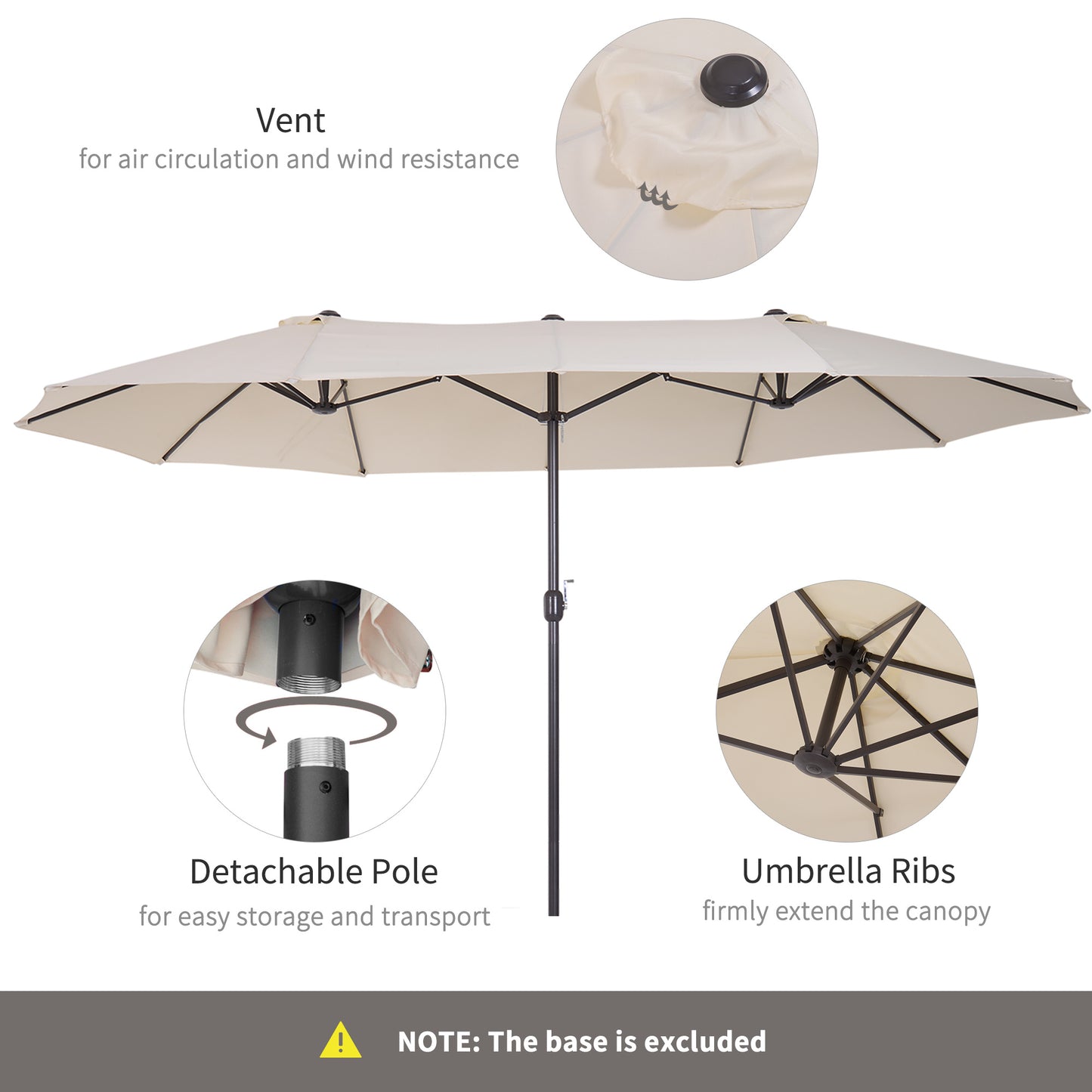 15ft Double Sided Patio Umbrella Outdoor Market Extra Large Cream White With Crank For Deck Lawn  Pool