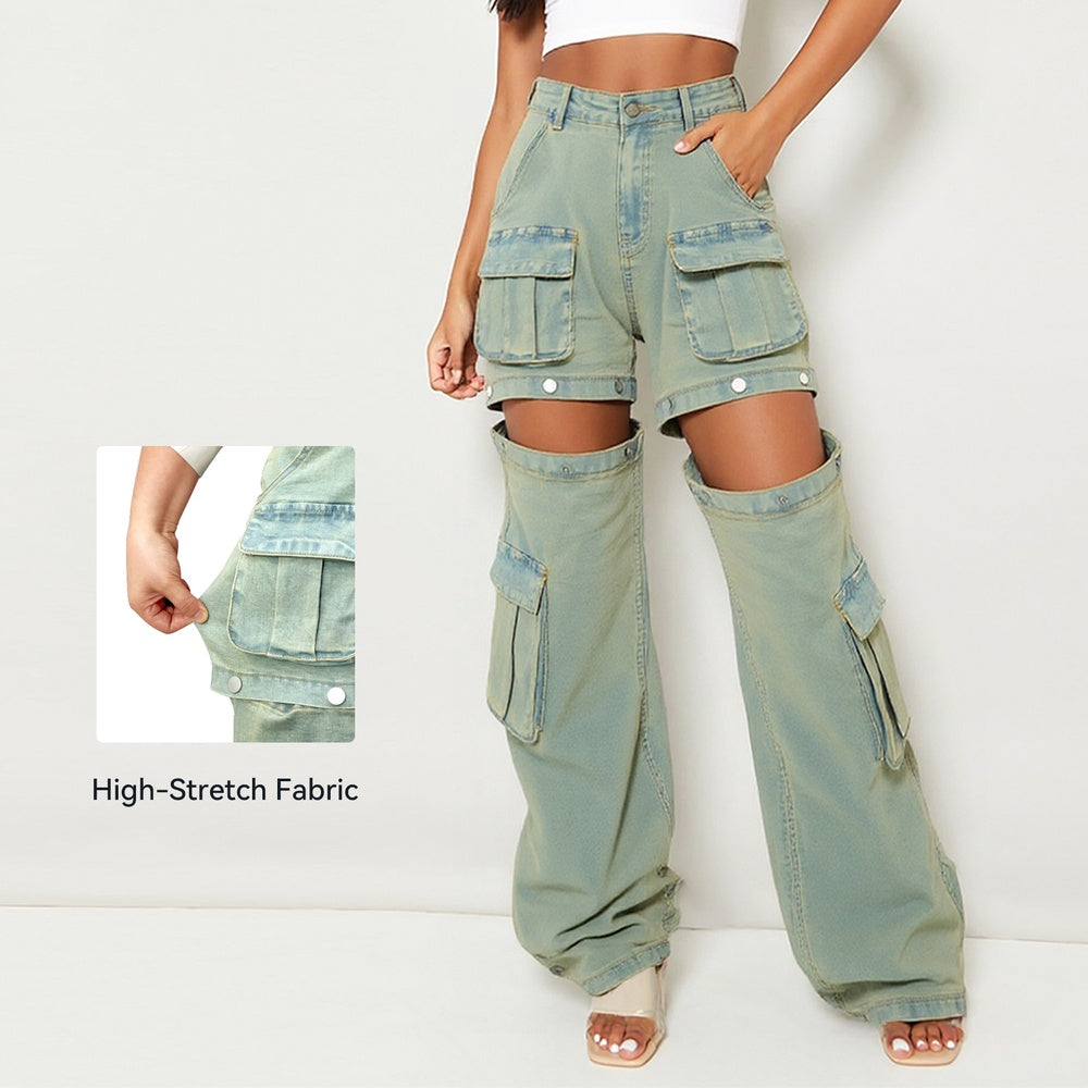 Women's High-Waist Cargo Pants, Loose Fit Convertible Pants With Zip-Off Legs To Shorts, Cotton Twill For All Seasons Forbidden Platform - Temu