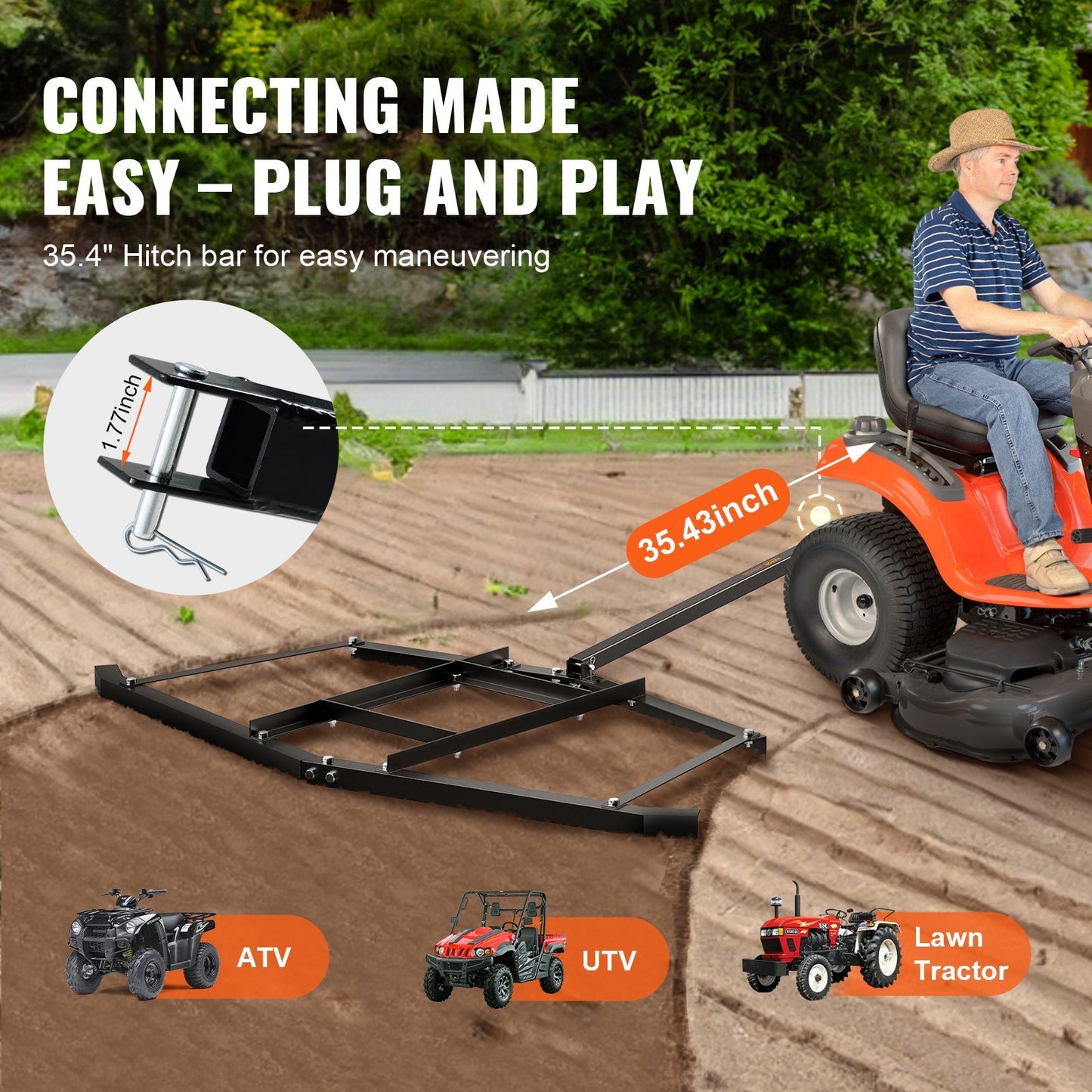 VEVOR Driveway Drag, 66Width Tow Behind Drag Harrow, Q235 Steel Driveway Grader With Adjustable Bars, Support Up To 50 Lbs, Driveway Tractor Harrow For ATVs, UTVs, Garden Lawn Tractors