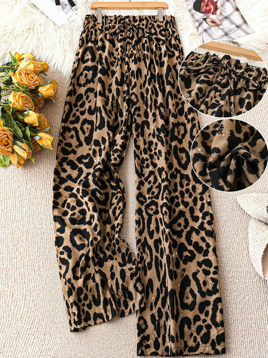 Women's Plus Size Leopard Print Wide-Leg Pants - Summer Casual Vacation Style Elastic Waist Long Trousers