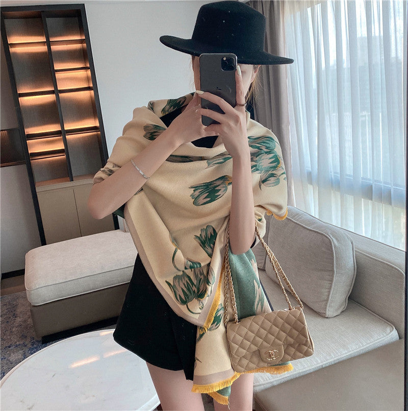 Ladies Fashion Print Warm Dual Use Double Sided Scarf