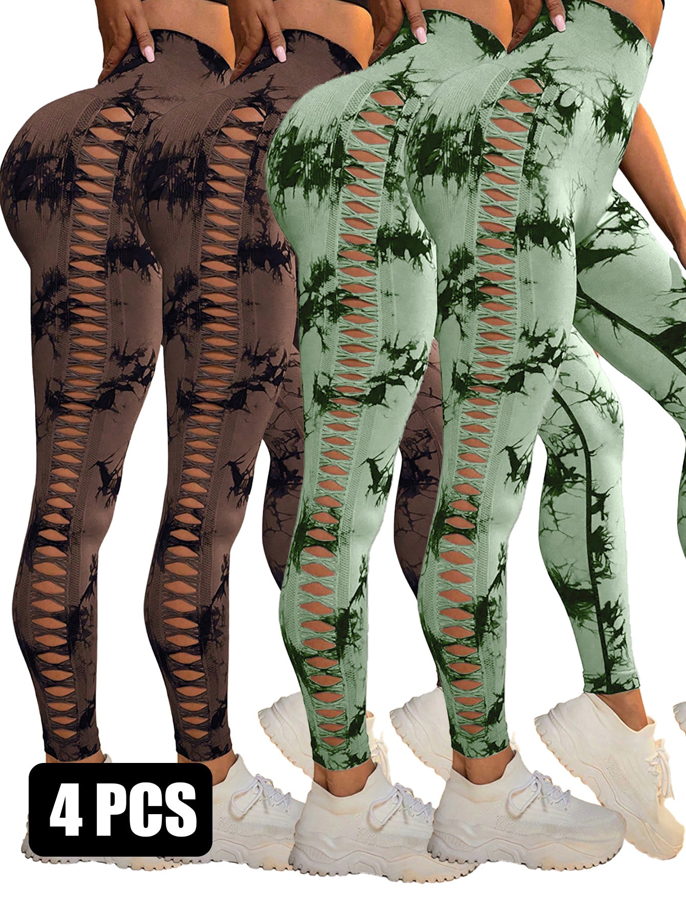 4PCS Tie-dye Cut-out Leggings Sports Leggings