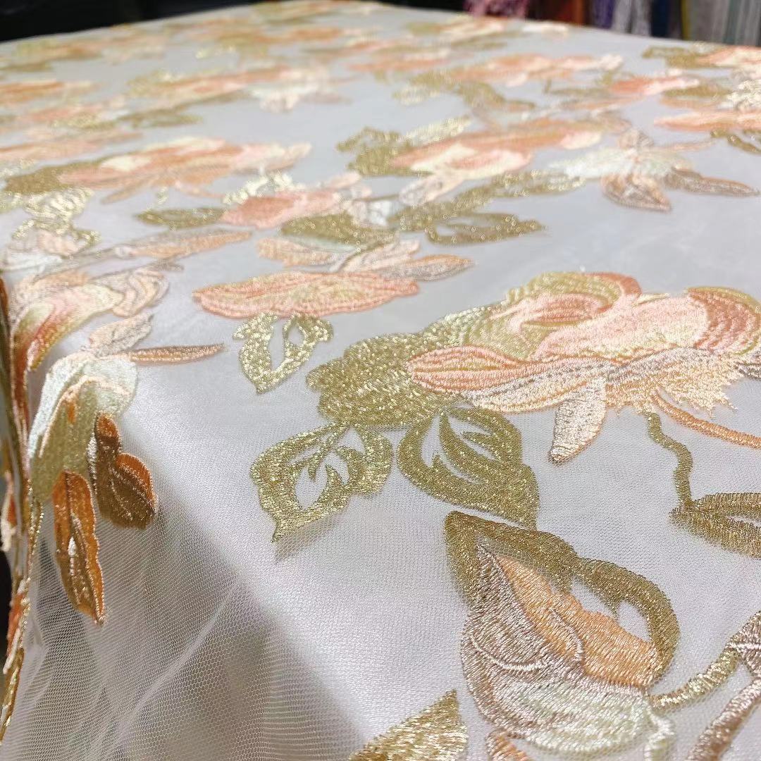 Multicolor Gold Thread Flower Mesh Embroidered Lace Fabric