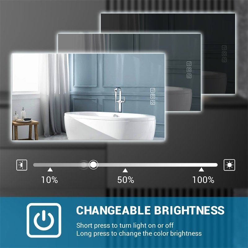 LED Bathroom Mirror Bright Backlight, 5 Mins Defog, Full HD Reflected Wall Mounted Vanity Mirror, 3 Colors Stepless Dimmable, CRI90, Memory Function, Anti-Fog