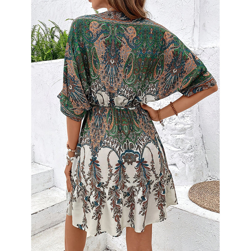 Women's Bohemian Dress V Neck Front Tie Short Sleeve Floral A Line Beach Boho Flowy Tunic Dress