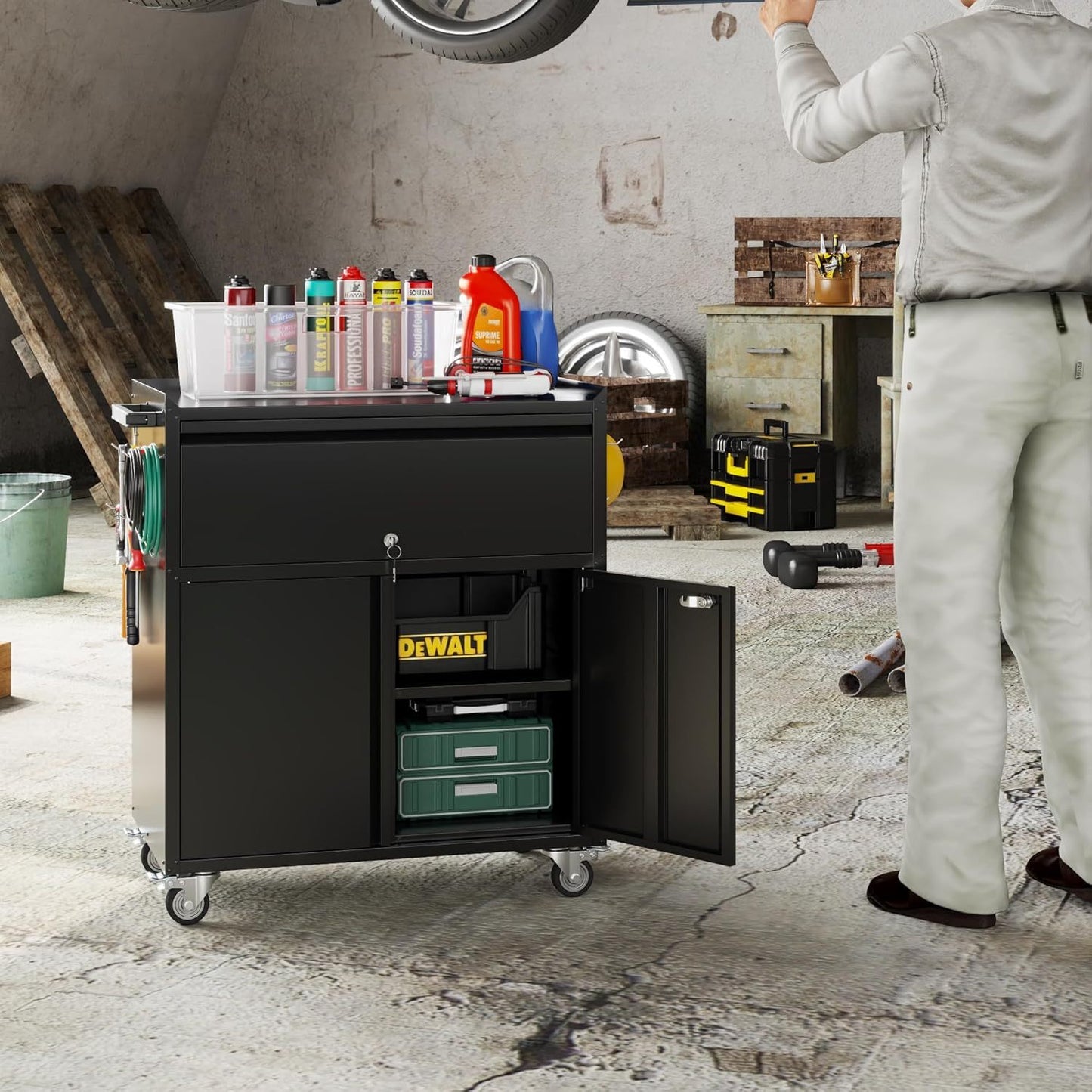 Metal Storage Cabinet On Wheels, Black Rolling Tool Cabinet With Drawer&Pegboard&a Handle&Hooks&Adjustable Shelves For Home Office Garage Warehouse Utility Room, Assembly Required