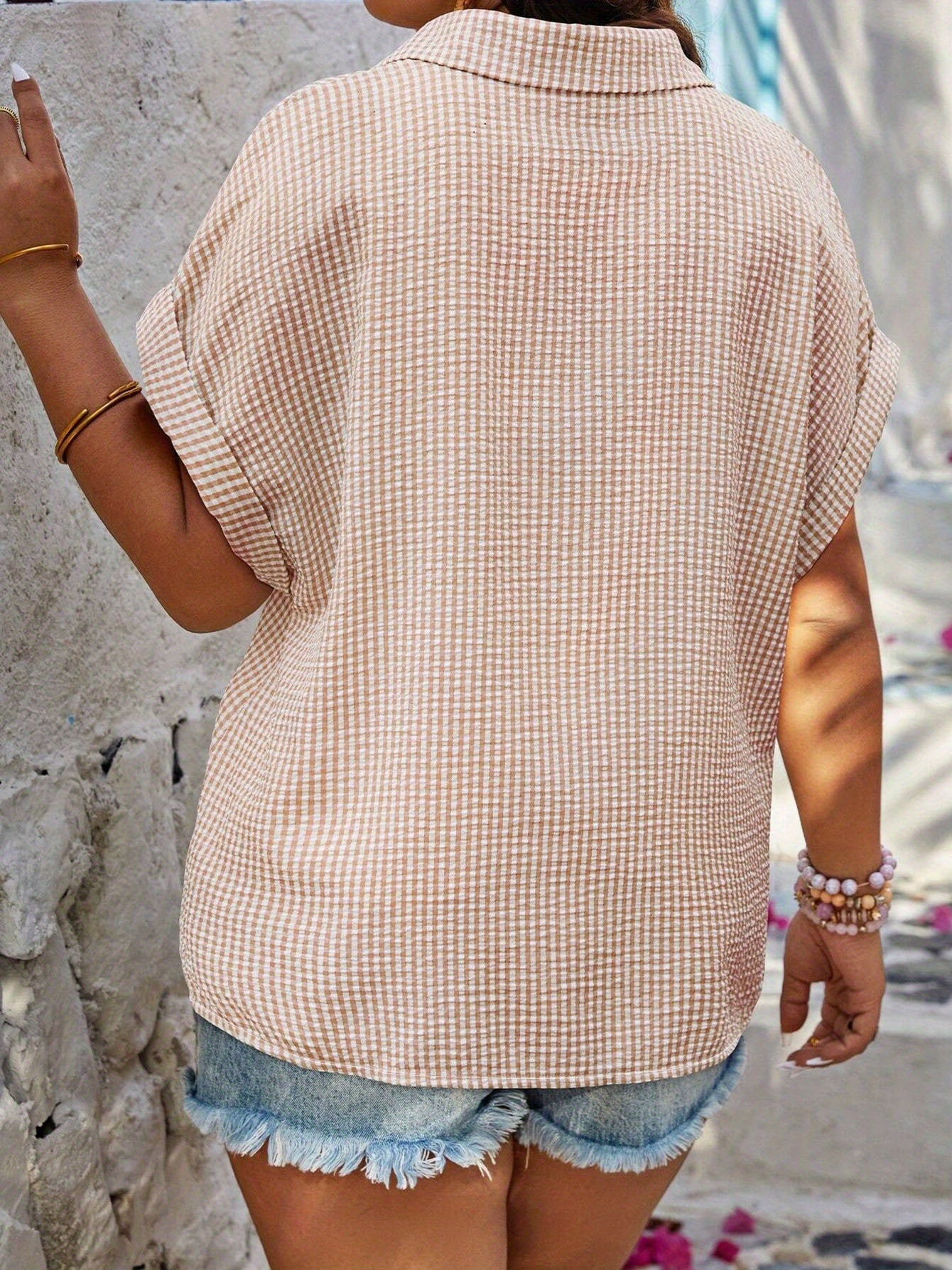 Women's Plus Size Plaid Button-Down Shirt - Summer Casual Collared Work Outdoor Top