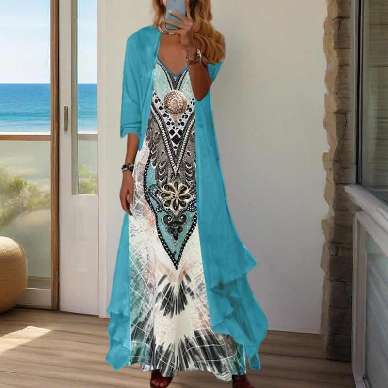 Women's Long Sleeve V-Neck Print Loose Two-Piece Dress Casual Elegant Spring&Autumn Outfit