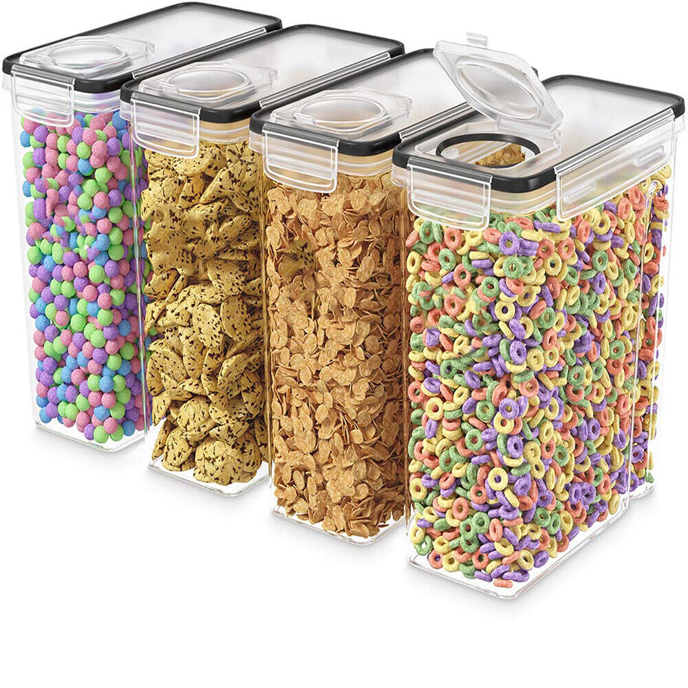 SET OF 4 AIR TIGHT STORAGE CONTAINERS CEREAL FOOD DRY KITCHEN PATRY DISPENSER