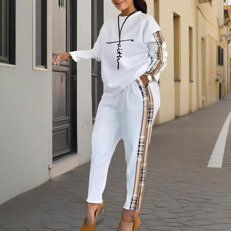 Women's Printed Casual Lounge Set - Long Sleeve Top & Pants With Side Pattern, Comfortable For Spring&Fall