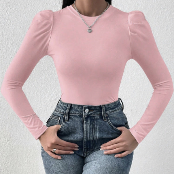 Women's Solid Color Round Neck Slim Fit Figure Enhancing Long Sleeved T-shirt Top