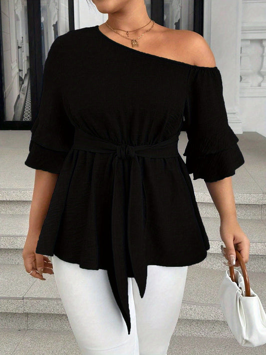 Women's Plus Size Sexy One-Shoulder Blouse - Summer Elegant Party Top With Waist Tie