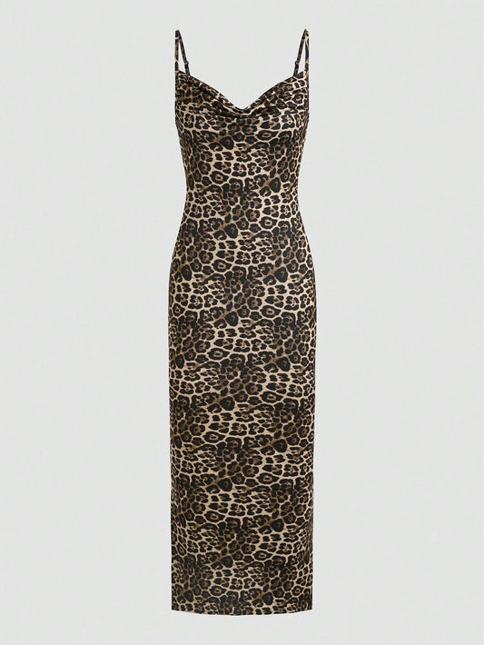 Women's Leopard Print Backless Tie-Front Cami Dress For Party