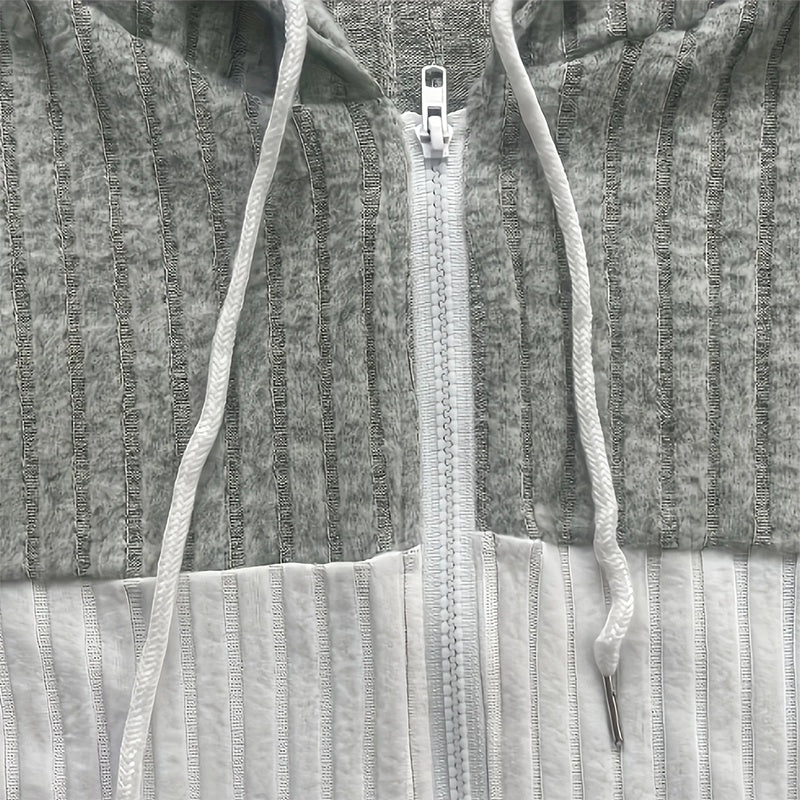 Women's Long Sleeve Color Block Zip-Up Hooded Hoodie Jacket Drawstring Ribbed For Spring & Fall Casual