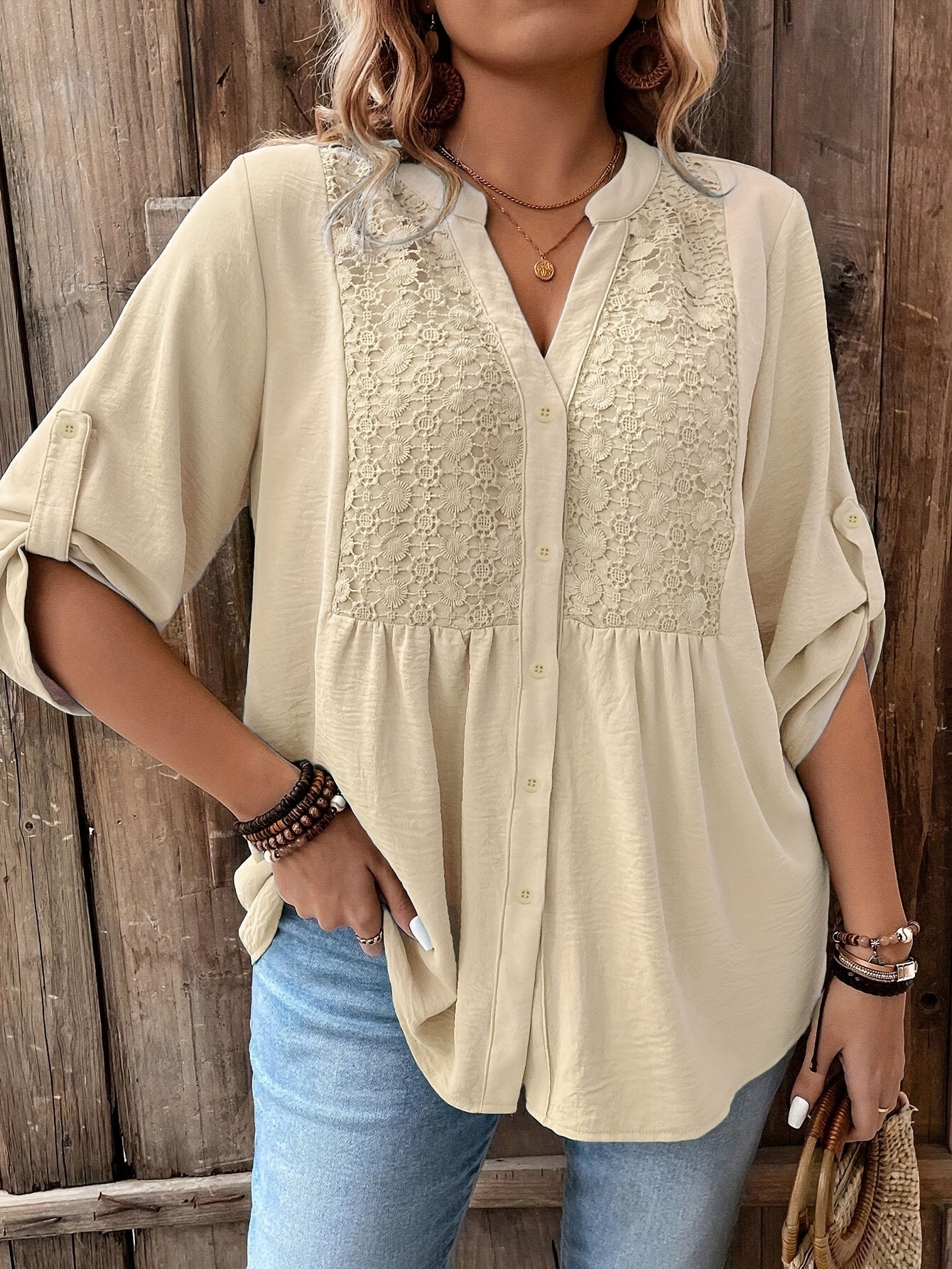 Women's Plus Size Lace Applique Vacation Shirt - Summer Casual Daily Outerwear With Roll-Up Sleeves And Button Closure