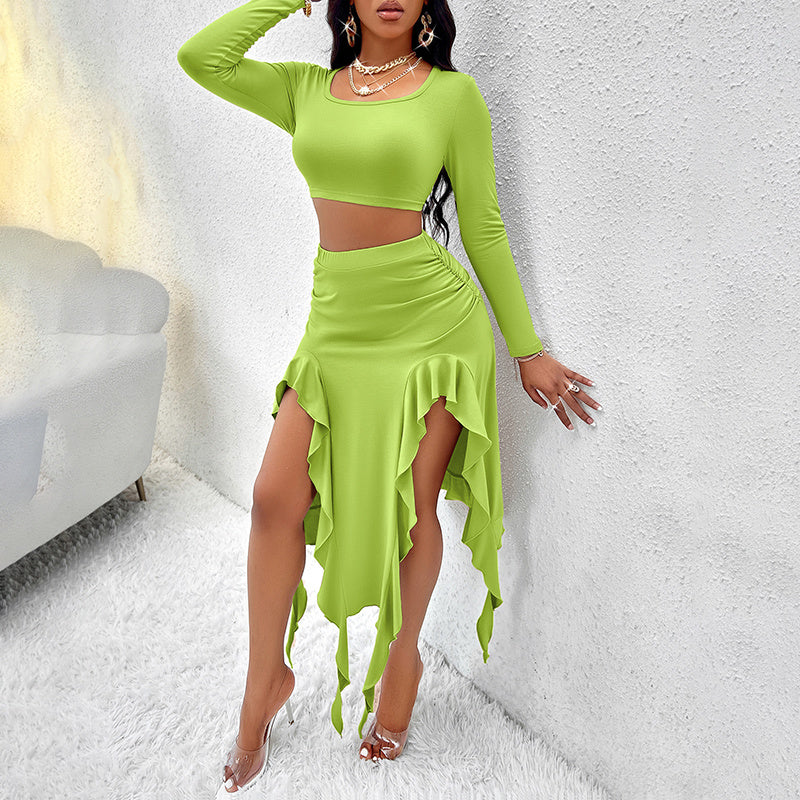 Women's Long Sleeve Round Neck Pleated Dress Suit - Solid Color Elegant Ruffle Outfit