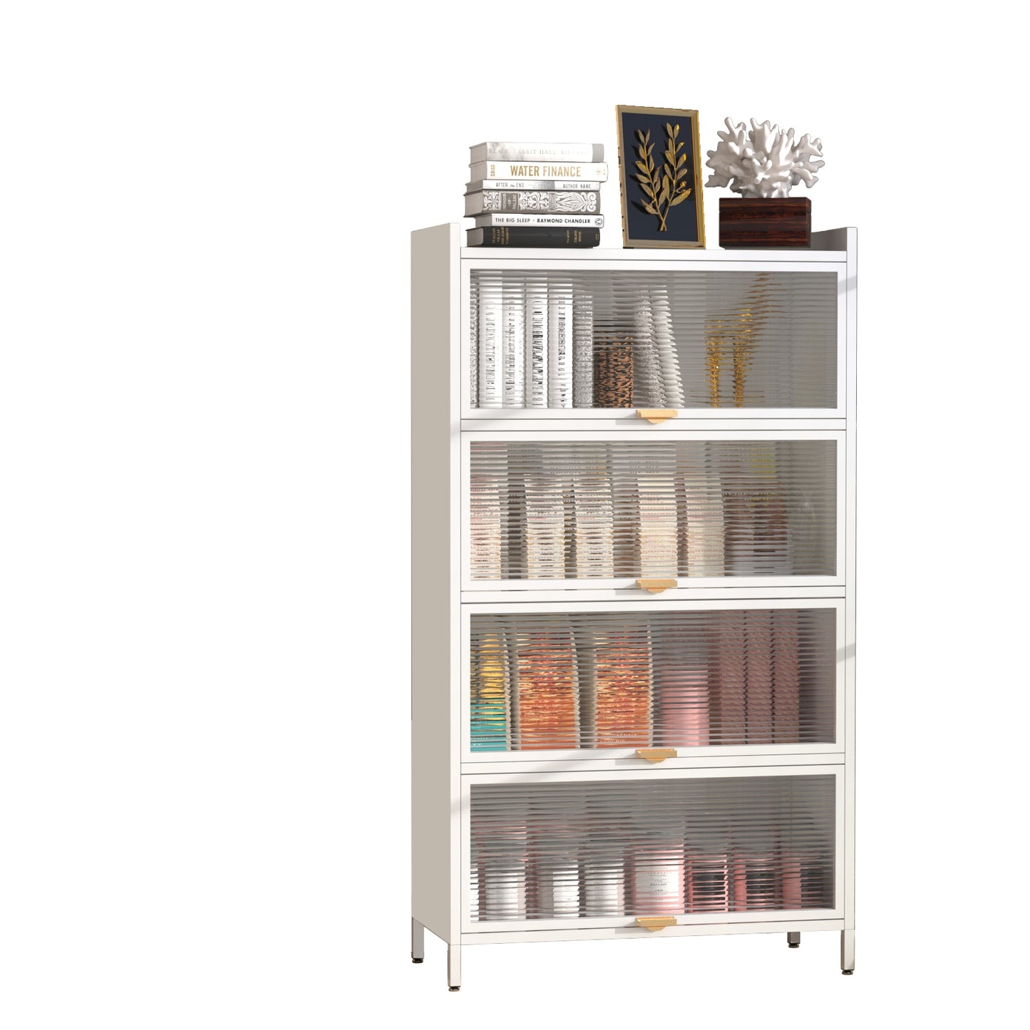 Metal Standing Storage Cabinet, 4 Level Storage With Fluted Flip Doors, Suit For Kitchen, Living Room, Bedroom, Bathroom