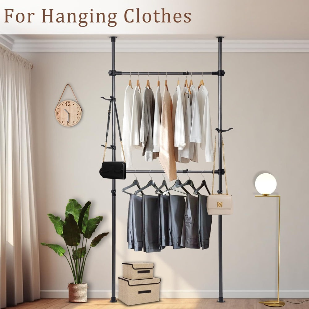 Floor To Ceiling Adjustble Garment Rack, Heavy Duty 2-Tier Clothes Rack