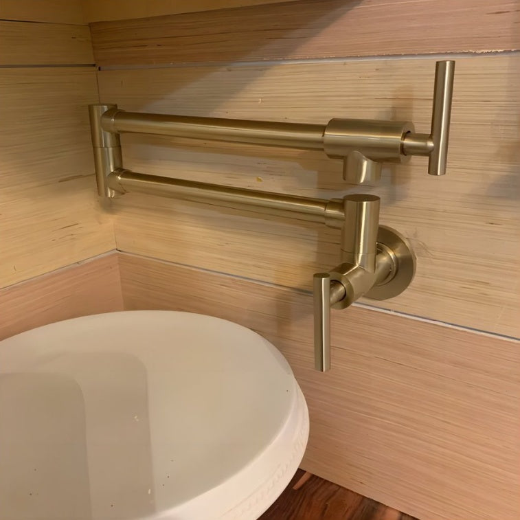 Gold Pot Filler Faucet Wall Mount Kitchen Folding Faucet With Double Joint Swing Arms, Two Handle Design
