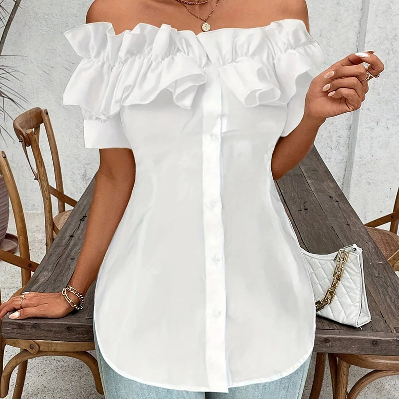Women's Solid Color Off-Shoulder Ruffled Blouse - Waist Button-Down Shirt For Vacation & Daily Wear