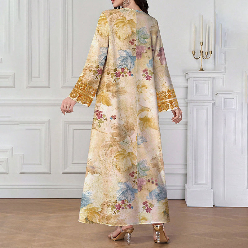 Women's Chic Bohemian Floral V-Neck Maxi Dress, Elegant Golden Long Sleeve Loose Fit Casual Dress