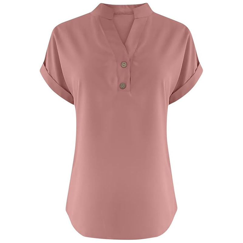 Women's Solid Color V-Neck Short Sleeve Blouse Button Detail, Summer Casual & Work T-Shirt