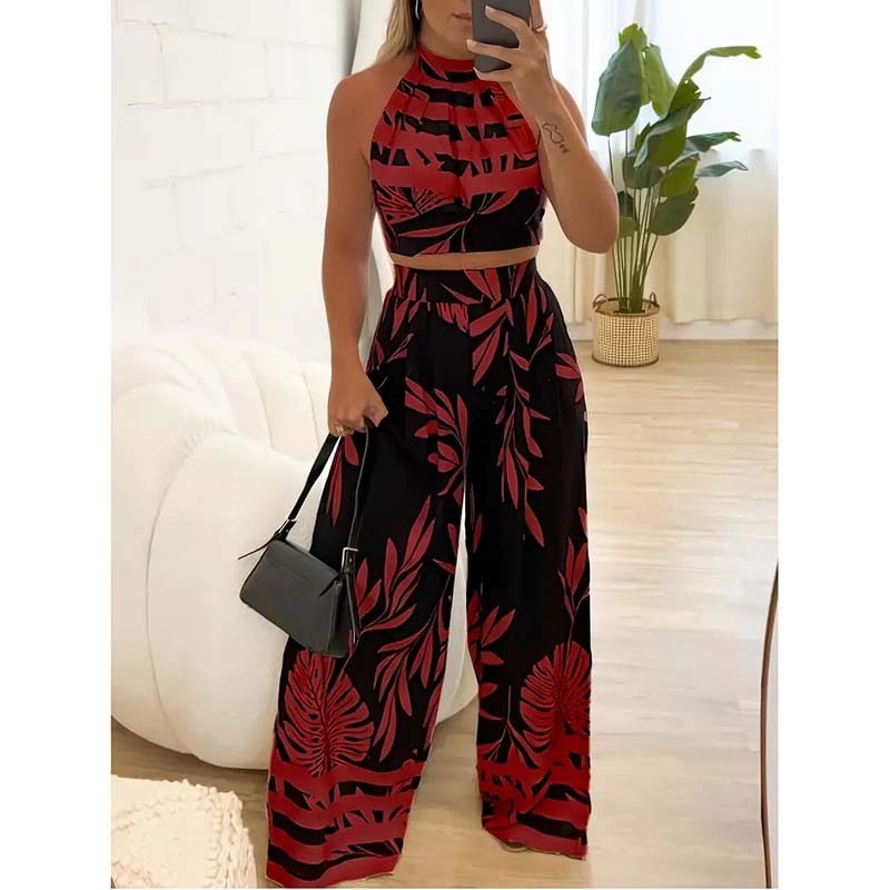 Women's 2 Piece Outfits Plants Graphic Print Crop Halter Top And Wide Leg Pants Set