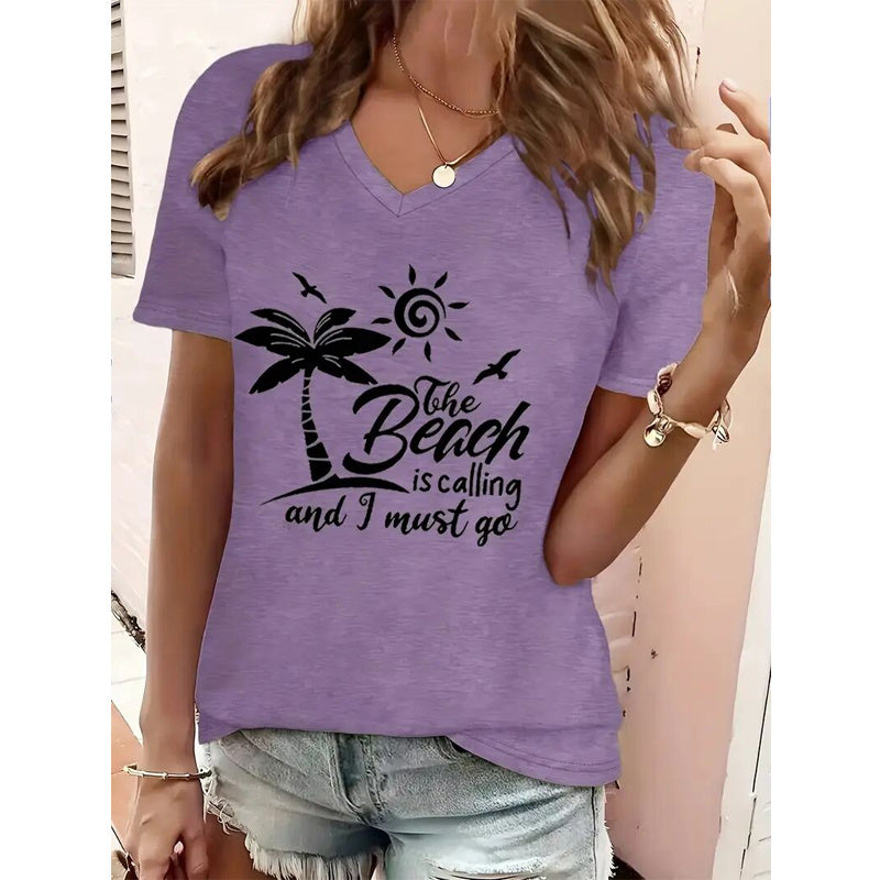 Women's V-Neck Beach Scene & Slogan Print Vacation Summer Top