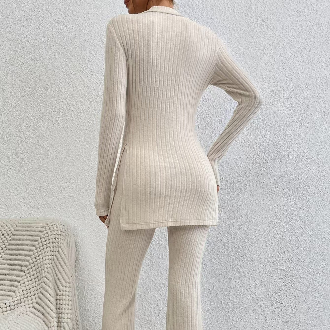 Women's Solid Color Set 2-piece Fashionable Ribbed V-neck Top And Pants Set Knitted