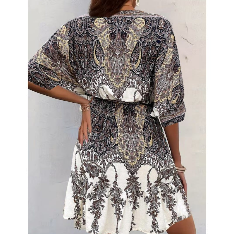 Women's Bohemian Dress V Neck Front Tie Short Sleeve Floral A Line Beach Boho Flowy Tunic Dress