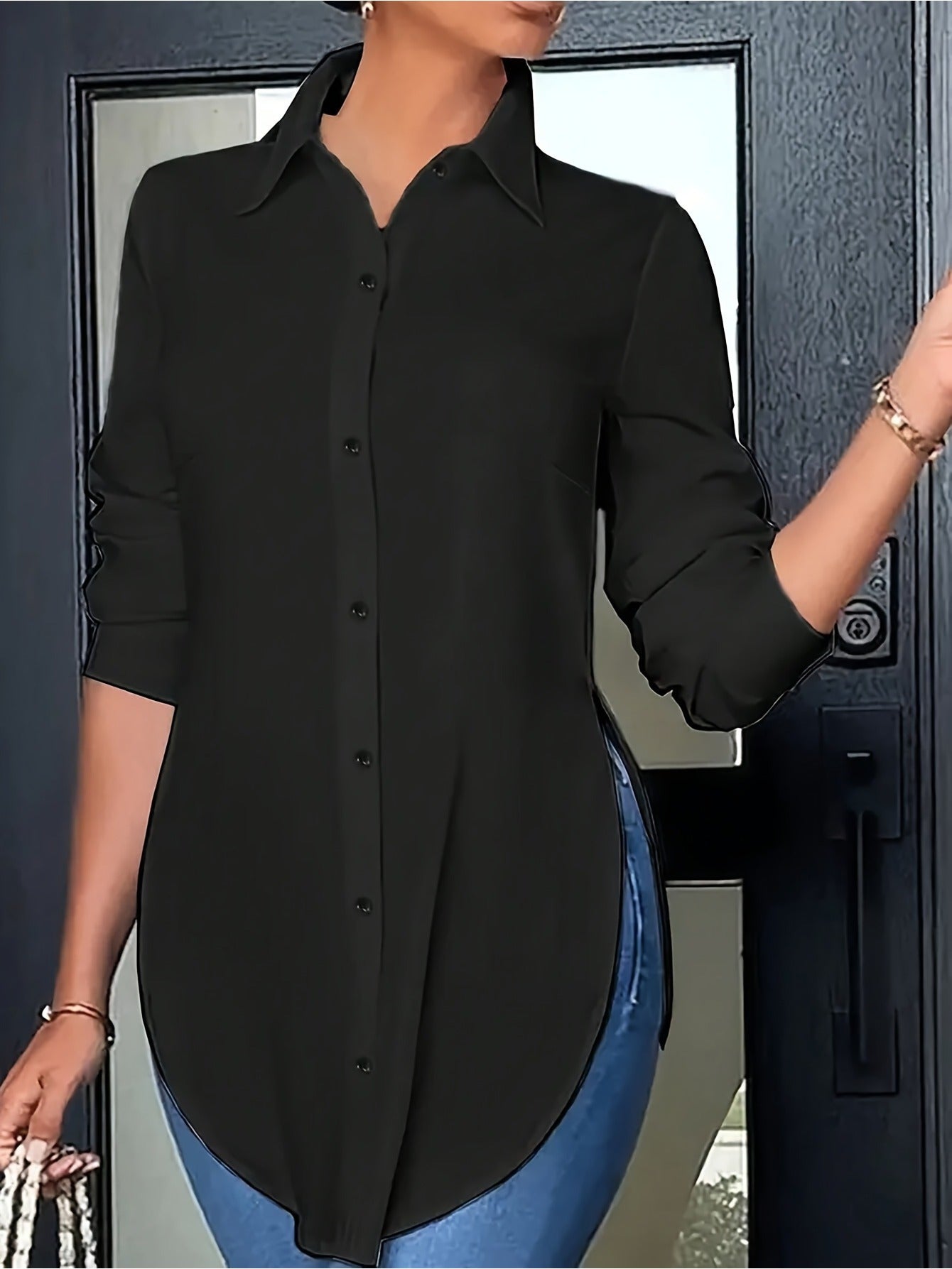 Women's Plus Size Long-Sleeve V-Neck Maxi Button-Down Shirt - Casual Side-Slit Blouse