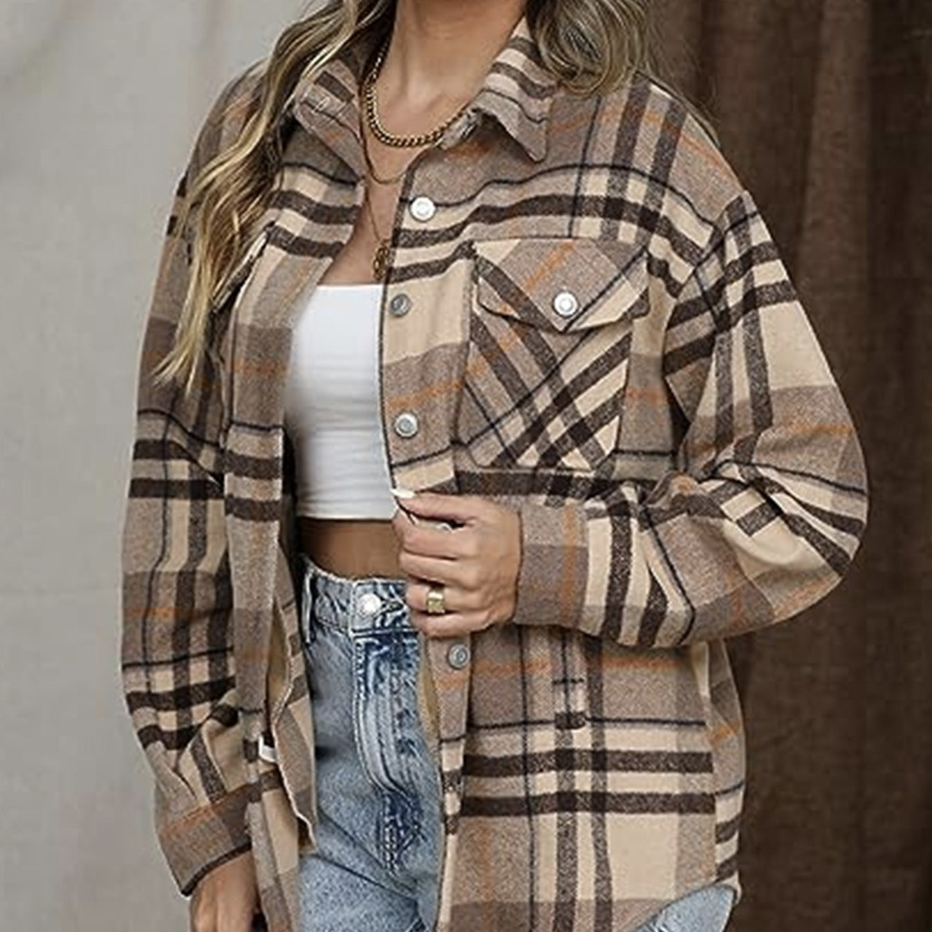 Ladies' Casual Plaid Lapel Button Long Sleeved Jacket, Winter Loose Shirt