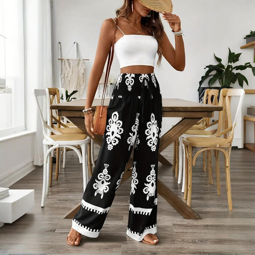Elegant Women's High-Waisted Wide-Leg Pants With White Geometric Print Fashionable & Casual Summer Trousers