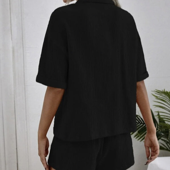 Women's Solid Color Short Sleeved Shirt With Collar, High Street Trendy Loose Fit, Couple Casual Versatile Pants Set