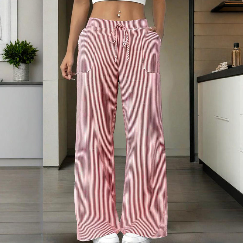 Women's Striped Wide Leg Pants With Pockets & Tie-Waist Detail - Casual Minimalist Trousers