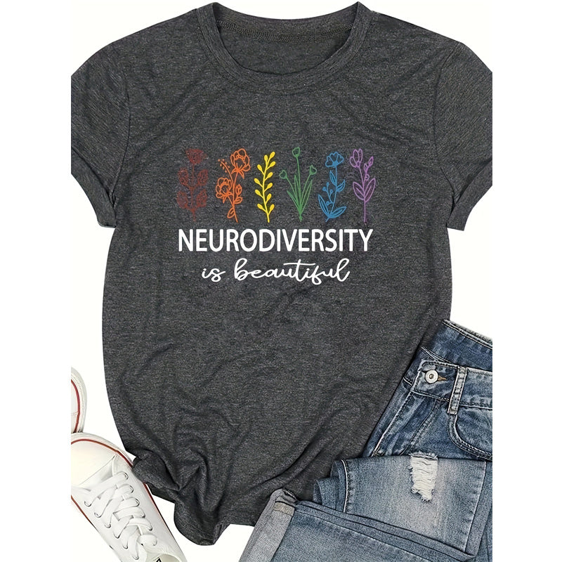 Women's Botanical & 'NEURODIVERSITY' Text Print Round Neck Tee - Inclusive Summer Top